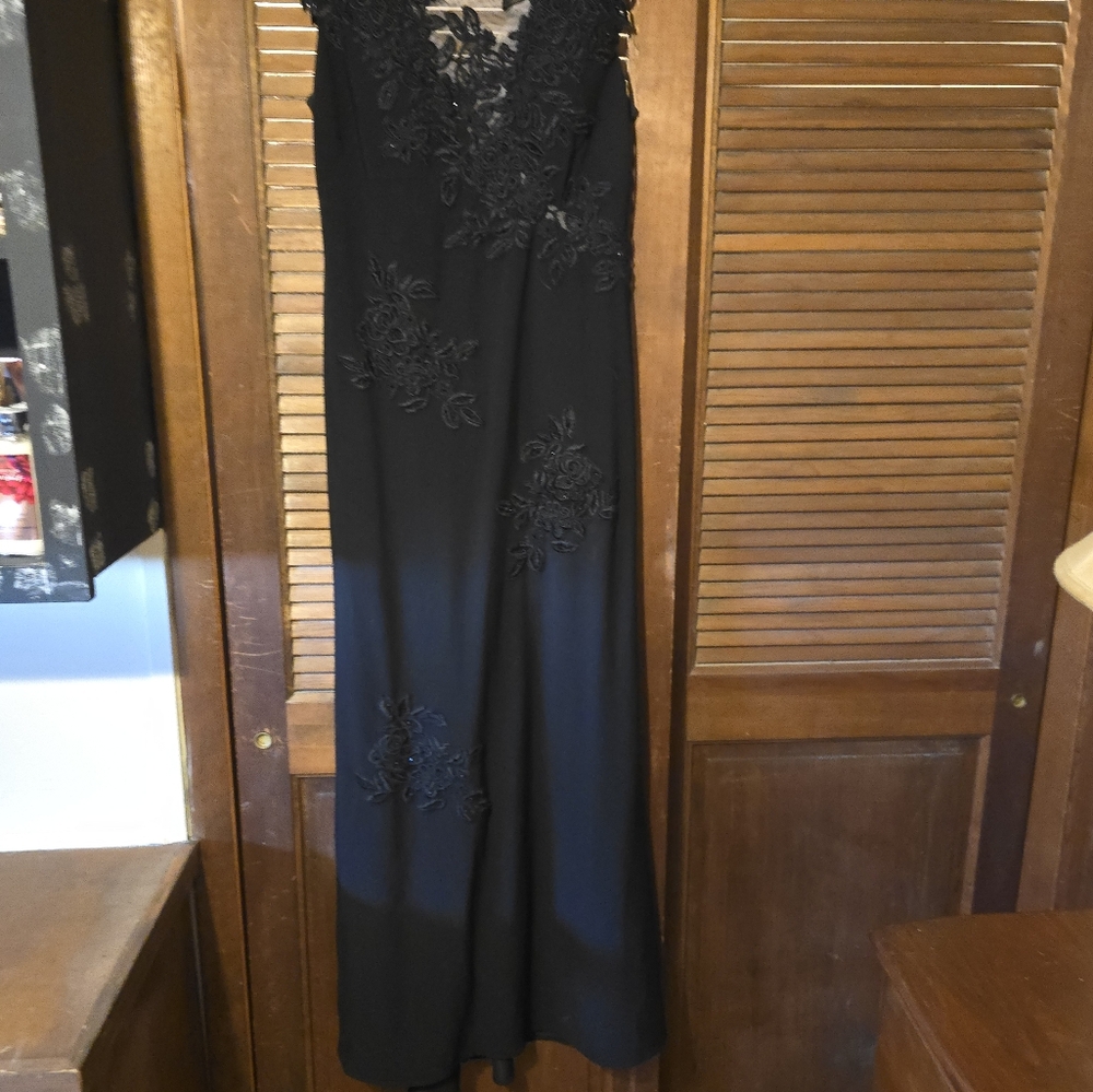 Xcape Black Evening Dress with Mesh and Floral Appliques